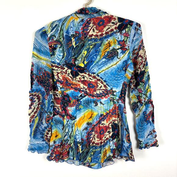 Pleats Collection Crinkle Button Shirt Medium Blue multicolor Y2K psychedelic - Picture 2 of 9